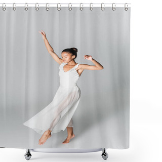 Personality  Barefoot Graceful African American Ballerina In Dress Dancing On White Background Shower Curtains