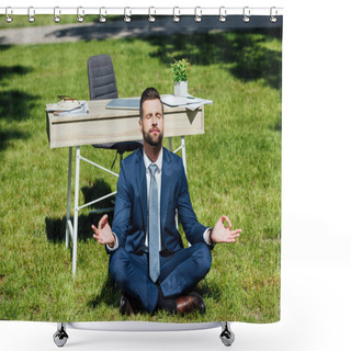 Personality  Businessman Sitting On Grass And Meditating Near Table In Park  Shower Curtains