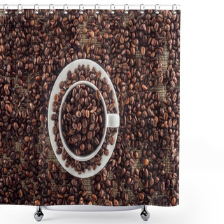Personality  Top View Of Coffee Cup And Roasted Coffee Beans On Sack Clothes Shower Curtains