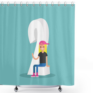 Personality  Number Two Concept. Young Smiling Teenager Sitting On The Number Shower Curtains