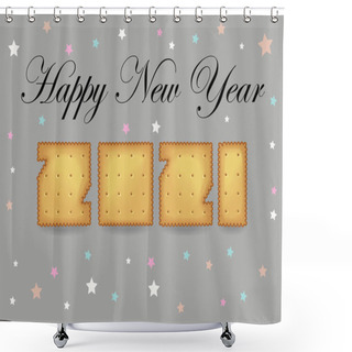 Personality  Happy New Year 2021. Artistic Yellow Number As Cracker Cookies. Gray Background With Colorful Stars. Black Text. Vector Illustration Shower Curtains