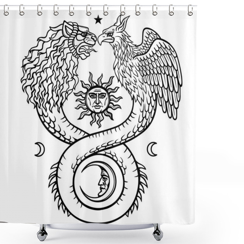 Personality  Image Of Fantastic Animal Ouroboros With A Body Of A Snake And Two Heads Of A Lion And A Bird. Sacred Pyramid, All-seeing Eye.  Vector Illustration Isolated On A White Background. Shower Curtains