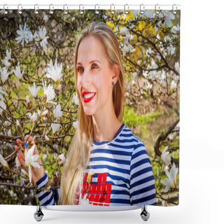 Personality  Young Beautiful Blonde Woman In Blooming Garden. Magnolias Blossom. Shower Curtains