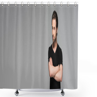 Personality  Bearded Man In Black T-shirt Posing With Crossed Arms Isolated On Grey, Banner Shower Curtains