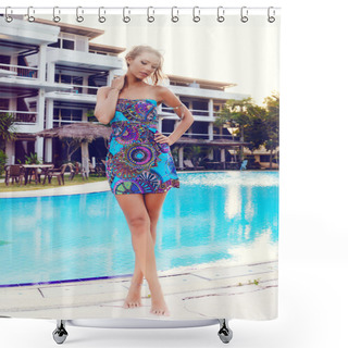 Personality  Woman Posing At Hotel Near Pool Shower Curtains