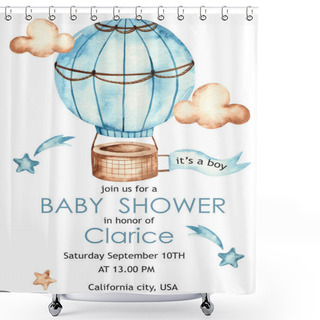 Personality  Hot Air Balloon, Clouds, Stars. Watercolor Baby Shower Card For Boys Shower Curtains