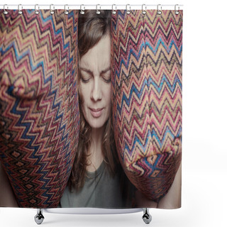 Personality  Woman Close Ears With The Pillows. Stressed Woman Having Headache Or Migraine. Negative Emotions Concept Shower Curtains