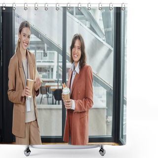 Personality  Elegant Colleagues In Business Casual Attires Smiling And Enjoying Coffee And Sandwiches, Coworking Shower Curtains