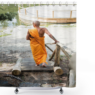 Personality  Back View Of Hairless Man In Traditional Buddhist Clothes Walking On Wooden Stairs In Forest Shower Curtains