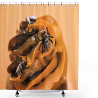 Personality  Close Up View Of Spooky Halloween Cupcake With Flies On Cream Isolated On Orange Shower Curtains