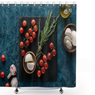 Personality  Mozzarella And Red Tomatoes On Dark Slate Board With Rosemary Shower Curtains