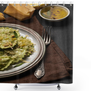 Personality  Close Up View Of Delicious Green Ravioli With Sage, Cheese And Pine Nuts Served On Black Wooden Table With Fork And Napkin Shower Curtains