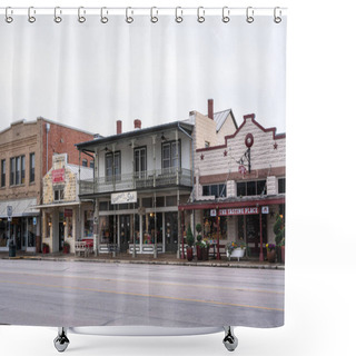 Personality  Fredericksburg, Texas - February 22, 2024:  Street Scene From Hill Country Town, Fredericksburg Texas With Historic Buildings In View.  Shower Curtains