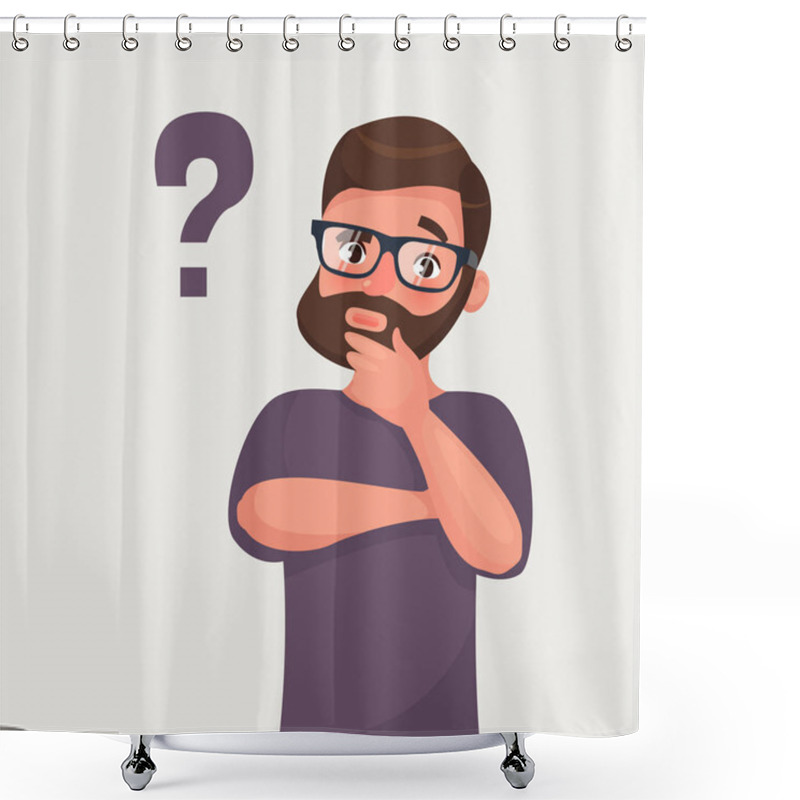 Personality  Thinking man with question mark. Vector illustration in cartoon style shower curtains