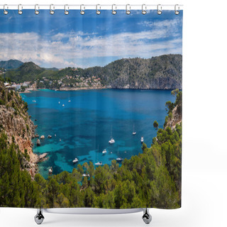 Personality  Bay With Luxury Yachts Rocky Mountains Of Cala Blanca Andratx Shower Curtains