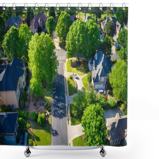 Personality  Top Down View Of Beautiful Houses, Roofs And Lush Green Landscaped Yards In An Upscale Subdivision In Suburbs Of USA Shot During Golden Hour During Early Spring. Shower Curtains