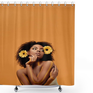 Personality  Young Sensual African American Woman With Artistic Make-up And Gerbera In Hair Isolated On Orange Background Shower Curtains