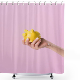 Personality  Cropped Shot Of Woman Holding Yellow Piggy Bank Isolated On Pink Shower Curtains