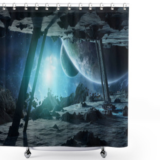Personality  Astronauts Exploring An Asteroid Spaceship 3D Rendering Elements Shower Curtains