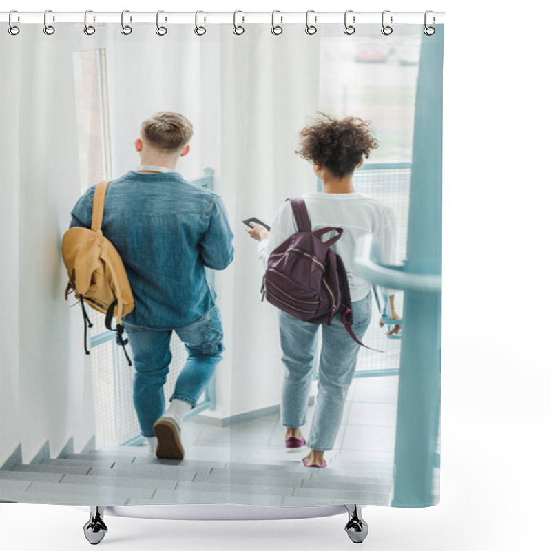 Personality  Back View Of Two International Students With Backpacks Shower Curtains