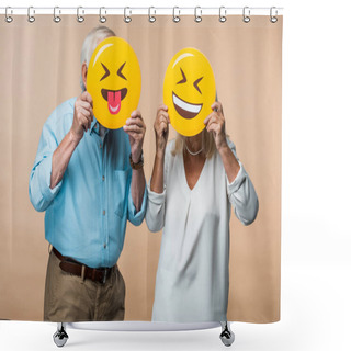 Personality  KYIV, UKRAINE - JUNE 14, 2019: Retired Couple Covering Faces With Yellow Happy Smileys Isolated On Beige  Shower Curtains