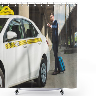 Personality  Stylish Young Man With Smartphone And Suitcase Looking At Taxi Cab Shower Curtains