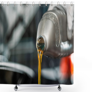 Personality  Partial View Of Mechanic Pouring Motor Oil From Bottle Shower Curtains