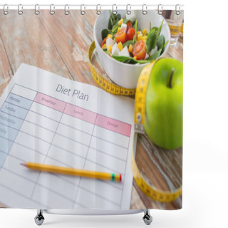 Personality  Close Up Of Diet Plan And Food On Table Shower Curtains