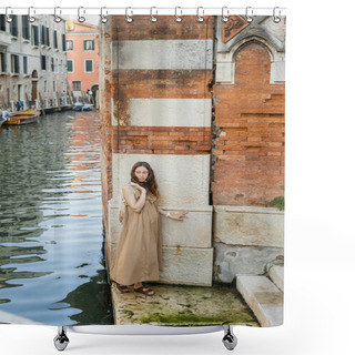 Personality  Pregnant Woman In Dress Holding String Bag Near River And Building In Venice  Shower Curtains