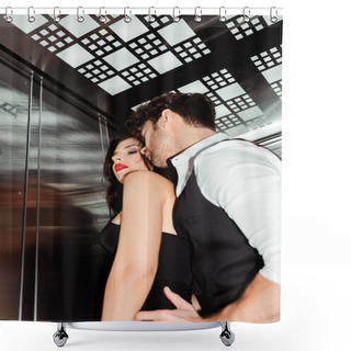 Personality  Low Angle View Of Man Embracing Seductive Woman With Red Lips In Elevator  Shower Curtains