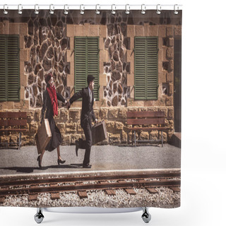Personality  Young Couple With Vintage Suitcase Running Fast Outside A Train Station To Catch The Last Train For Journey. Shower Curtains