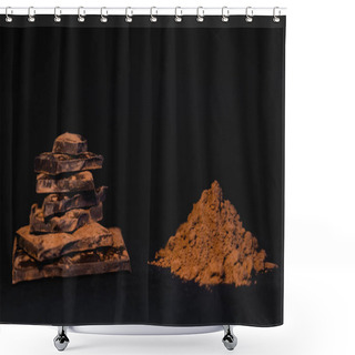 Personality  Close Up View Of Dry Cocoa Powder Near Chocolate On Black Background  Shower Curtains