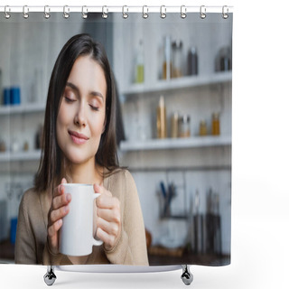 Personality  Pleased Young Woman With Closed Eyes Holding Cup Of Warm Tea At Home Shower Curtains