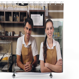 Personality  Waitress And Waiter Working At A Cafe Shower Curtains