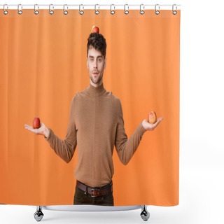 Personality  Man In Autumn Outfit Holding Fresh Apples On Head And Hands Isolated On Orange Shower Curtains