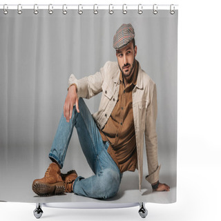Personality  Bearded Man Posing In Corduroy Shirt, Jeans And Autumn Jacket And Tweed Cap, On Grey Shower Curtains