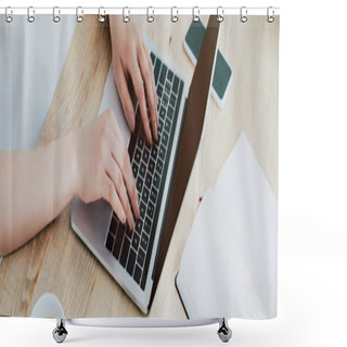 Personality  Panoramic Shot Of Businesswoman Using Laptop While Sitting At Workplace Shower Curtains