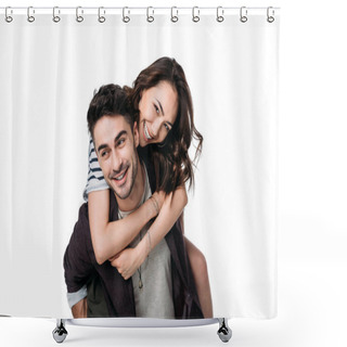 Personality  Young Smiling Couple Doing Piggyback Shower Curtains