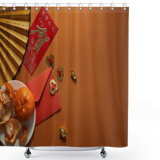 Personality  Top View Of Tangerines On Plate, Fan With Hieroglyphs, Golden Decorations And Red Envelope On Brown Background, Chinese New Year Composition  Shower Curtains
