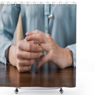 Personality  Close-up Partial View Of Woman Taking Off Wedding Ring, Divorce Concept  Shower Curtains