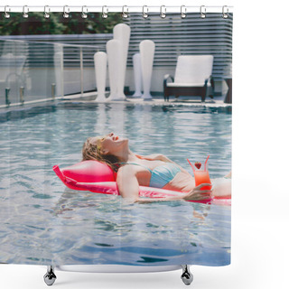 Personality  Wet Blonde Woman Laughing While Swimming On Pink Pool Float With Cocktail In Swimming Pool Shower Curtains