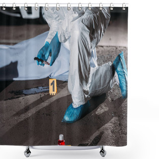 Personality  Cropped Image Of Criminologist In Latex Gloves And Protective Suit Holding Knife Above Blood On Ground Near Corpse In Body Bag At Crime Scene  Shower Curtains