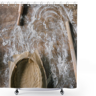 Personality  Baking Tray With Parchment Paper On Rustic Wooden Table Covered With Flour Shower Curtains