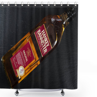 Personality  Airdrie, Scotland - March 23, 2021: Hankey Bannister Blended Scotch Whisky Bottle Isolated On Black Background Shower Curtains