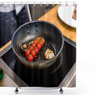 Personality  Cropped Image Of Chef Frying Vegetables  Shower Curtains