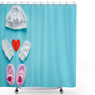 Personality  Top View Of Baby Mittens, Booties And Hat With Heart Shaped Paper On Blue Background, Concept Of Mothers Day  Shower Curtains