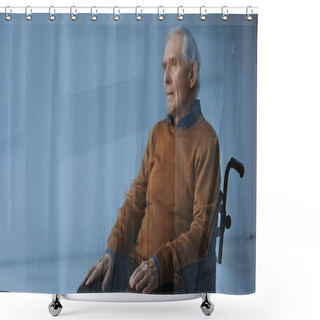 Personality  Thoughtful Senior Man In Wheelchair Looking Away On Grey Background Shower Curtains