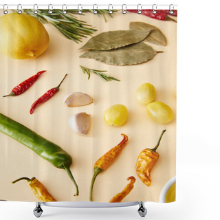 Personality  Chili Peppers With Cherry Tomatoes, Lemon And Rosemary On Beige Background Shower Curtains