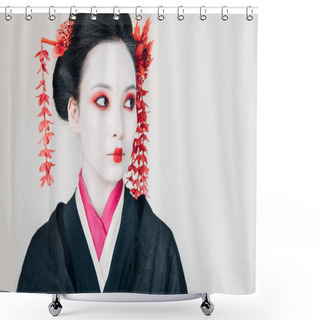 Personality  Beautiful Geisha In Black Kimono With Red Flowers In Hair Looking Away Isolated On White Shower Curtains