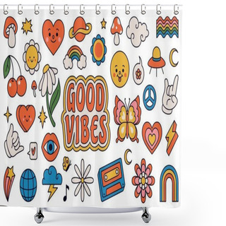 Personality  Retro 70s Groovy Elements, Cute Funky Hippy Stickers. Cartoon Daisy Flowers, Mushrooms, Peace Sign, Heart, Rainbow, Hippie Sticker Vector Set Shower Curtains